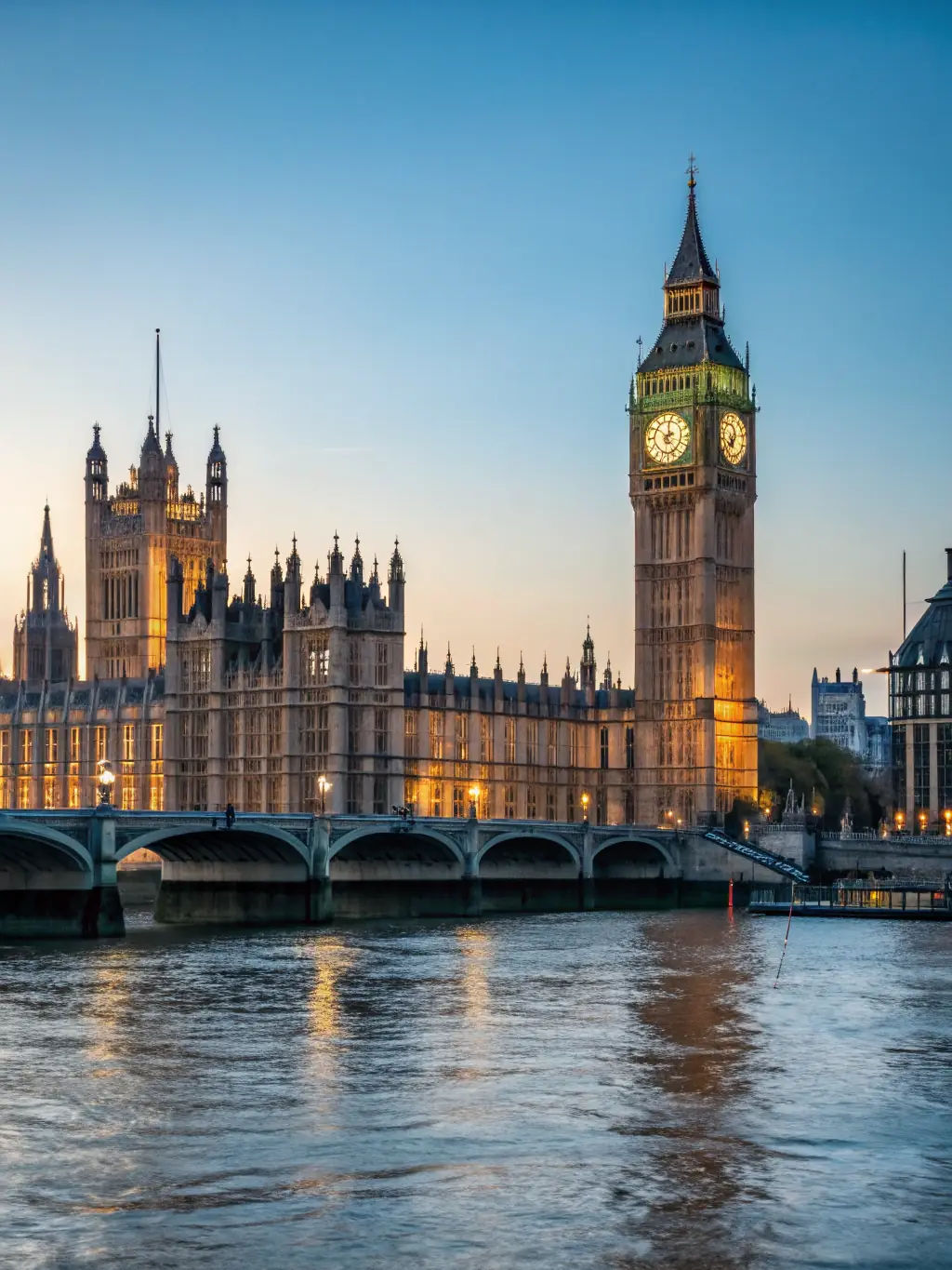 A stunning landscape photo of the River Thames at sunset, with the Houses of Parliament silhouetted against the colorful sky.