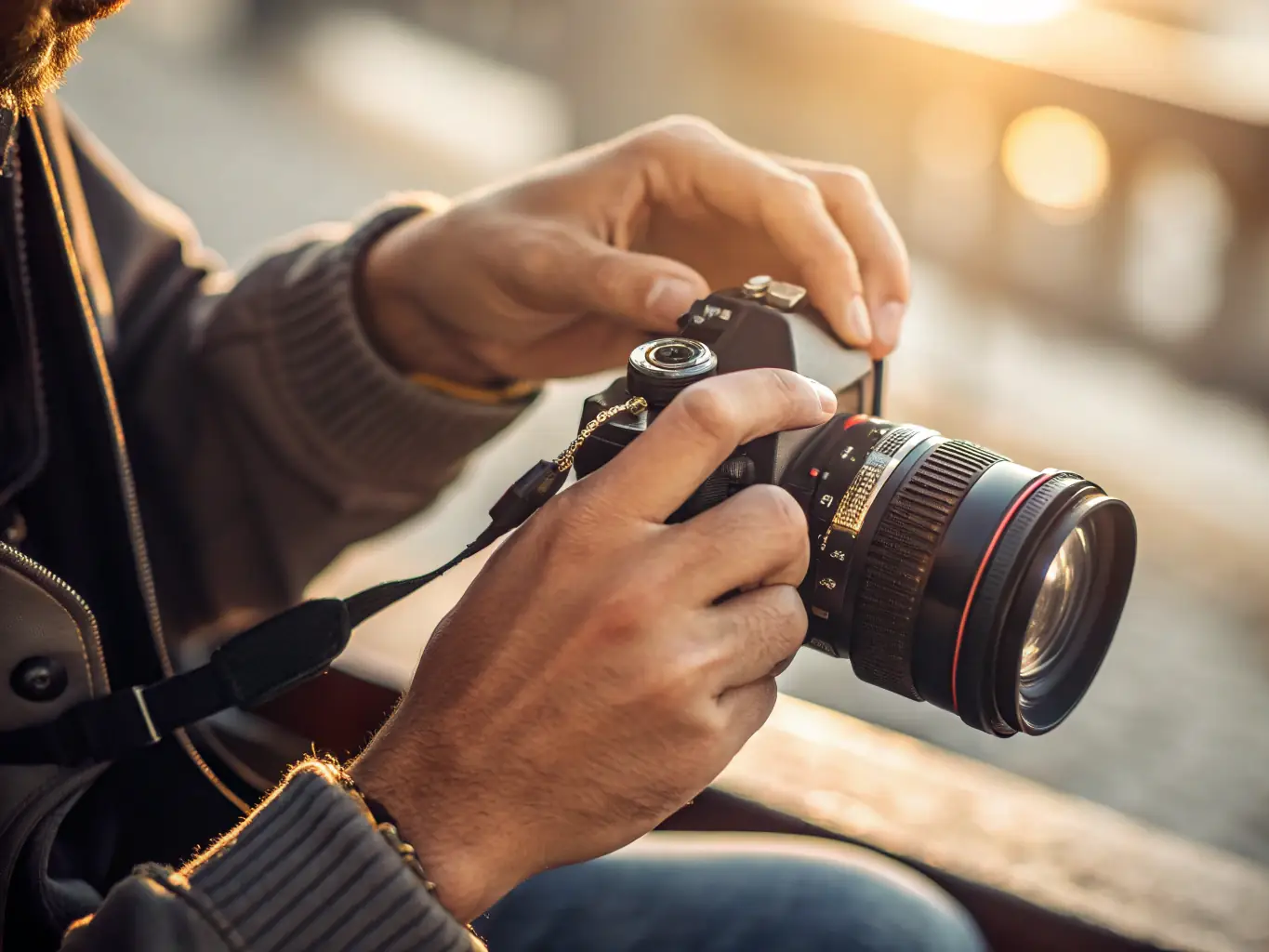 A close-up shot of Ansa Khan adjusting her camera settings during a wedding shoot, showcasing her professionalism and attention to detail.