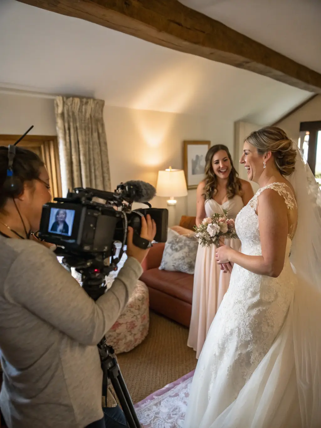 A behind-the-scenes shot of Ansa Khan setting up equipment at a wedding venue, highlighting her professionalism and dedication.