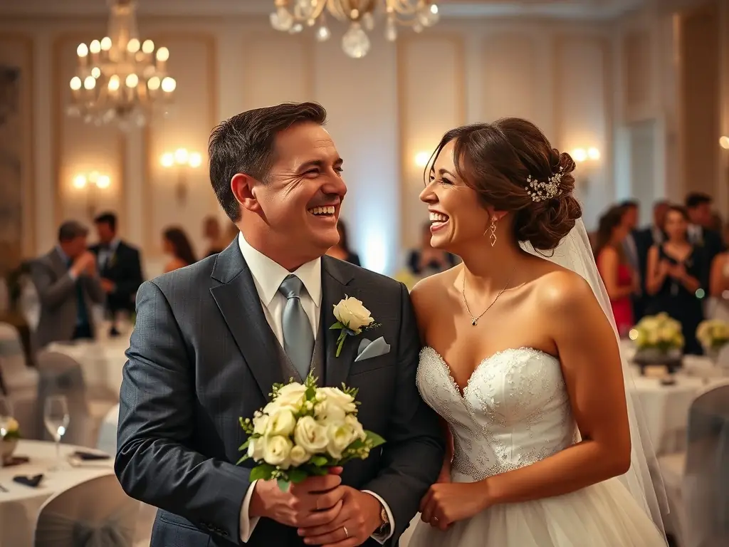 A candid photograph capturing the bride and groom sharing a joyful laugh during their wedding reception, set against a beautifully decorated venue.