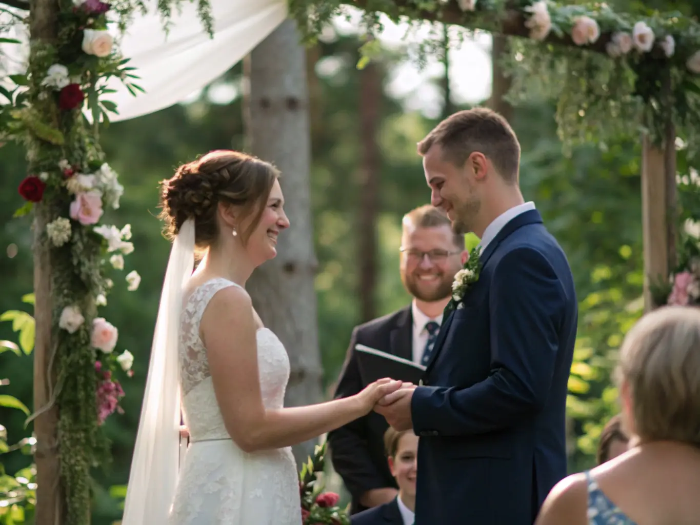 A stunning photograph of a wedding ceremony, focusing on the exchange of vows between the bride and groom, with family and friends looking on with emotion.