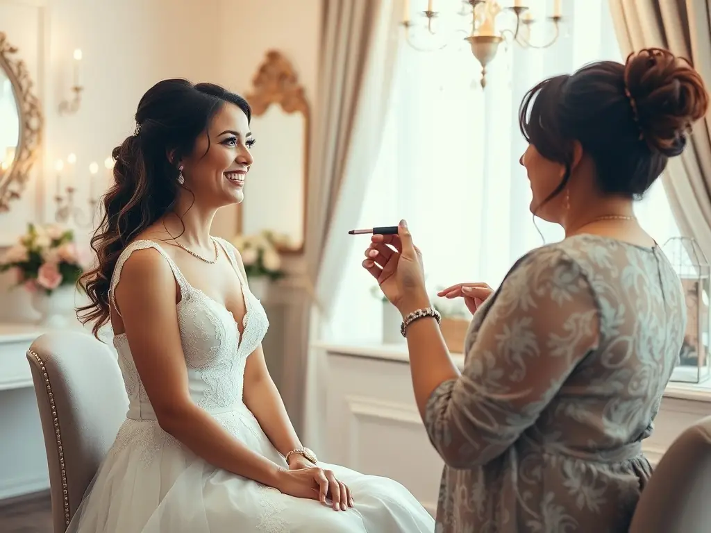 A beautifully composed image of a bride getting ready, with soft, natural light streaming through the window, highlighting the delicate details of her dress and veil.