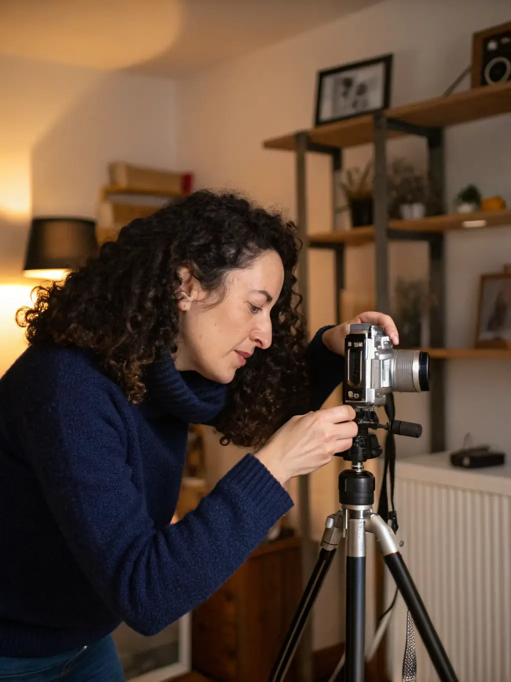 A close-up shot of Ansa Khan adjusting the camera settings with a focused expression, showcasing her attention to detail and technical expertise.