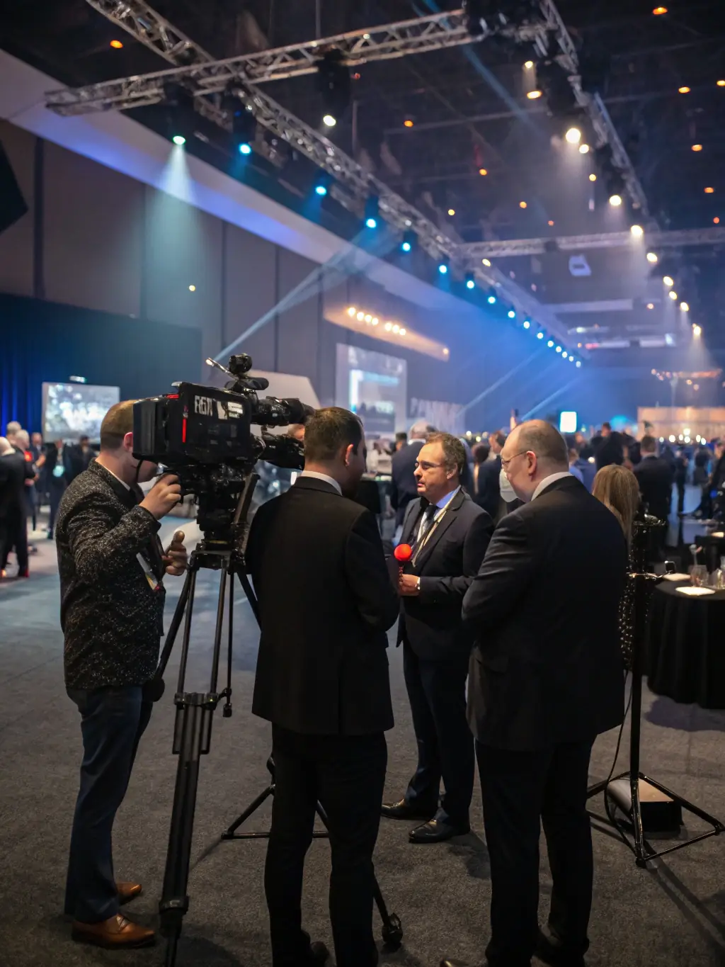 A photographer capturing a corporate event, focusing on key moments and attendee interactions.