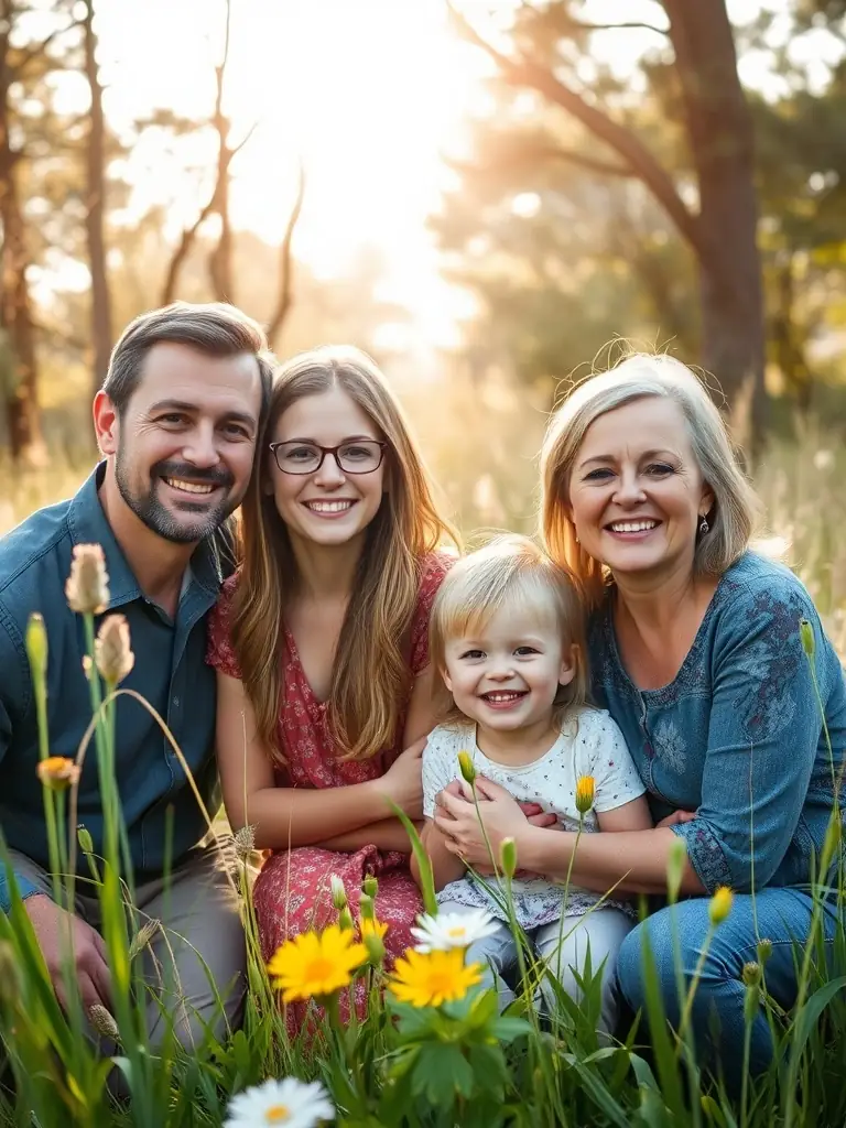 A family portrait outdoors with everyone smiling naturally, capturing genuine emotion, representing Inse Photography's family and portrait services.