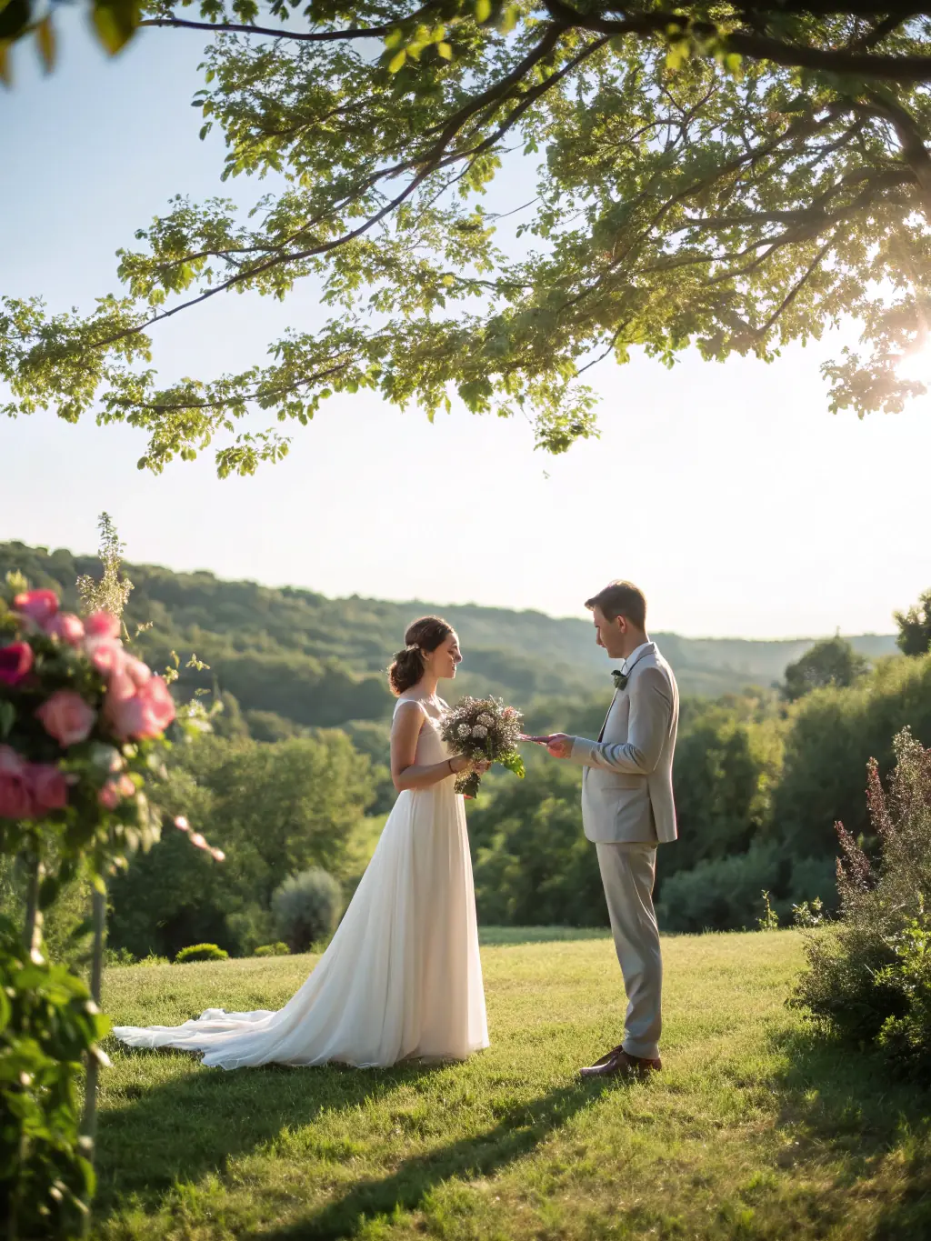 A beautifully captured wedding scene with a couple exchanging vows in a scenic outdoor setting, symbolizing Inse Photography's wedding photography services.